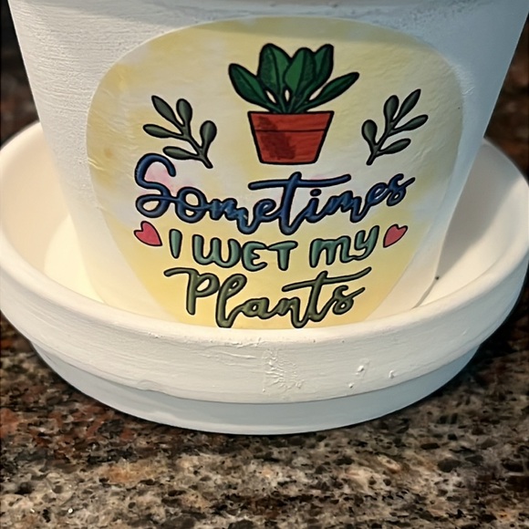 2.75 inch White Ceramic Mini Planter with Saucer/ Sometimes I wet my plants - Picture 3 of 8